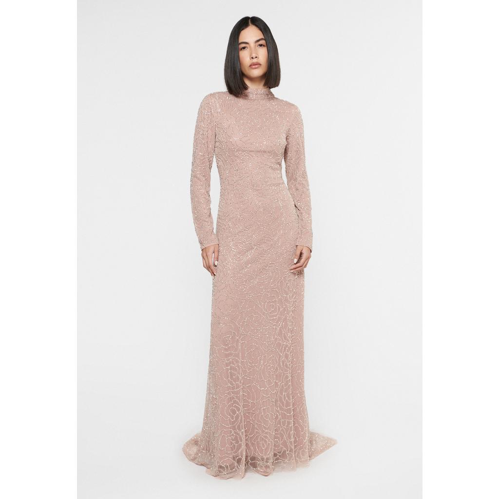 Maryisa Embellished Sequin Beaded High Neck With A Line Dress In Taupe Blush