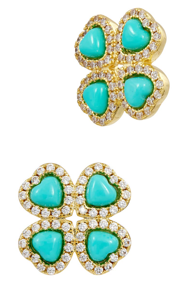 Simulated Turquoise & Cubic Zirconia Heart Clover Stud Earrings, Main, color, GOLD