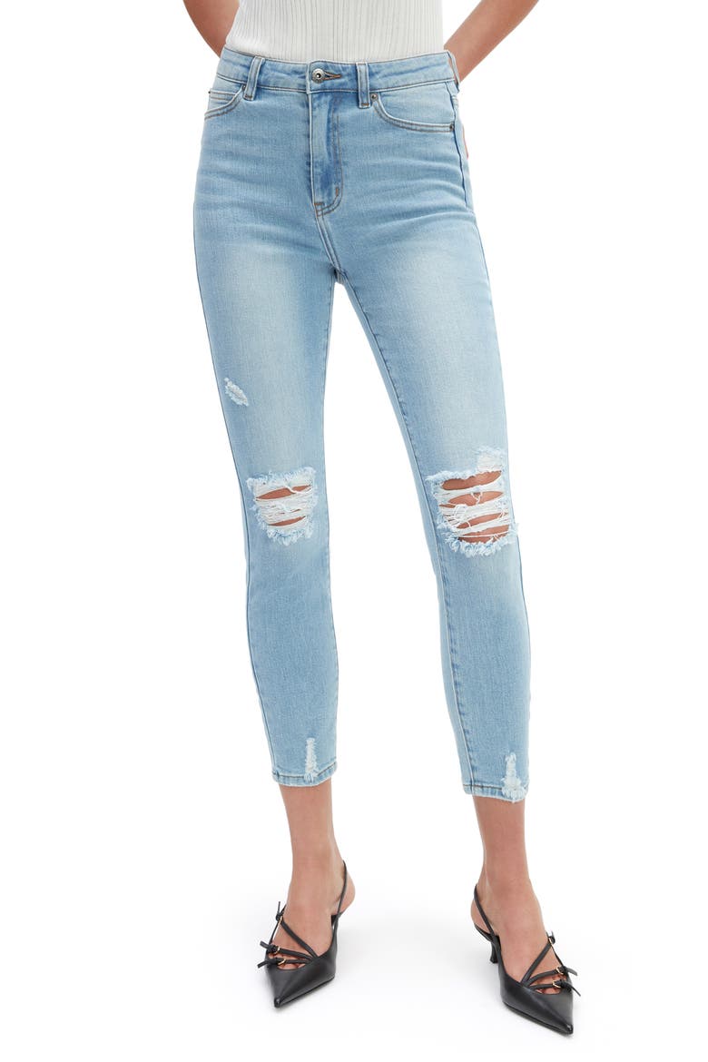 Khloe Ripped High Waist Crop Skinny Jeans, Main, color, MID BLUE