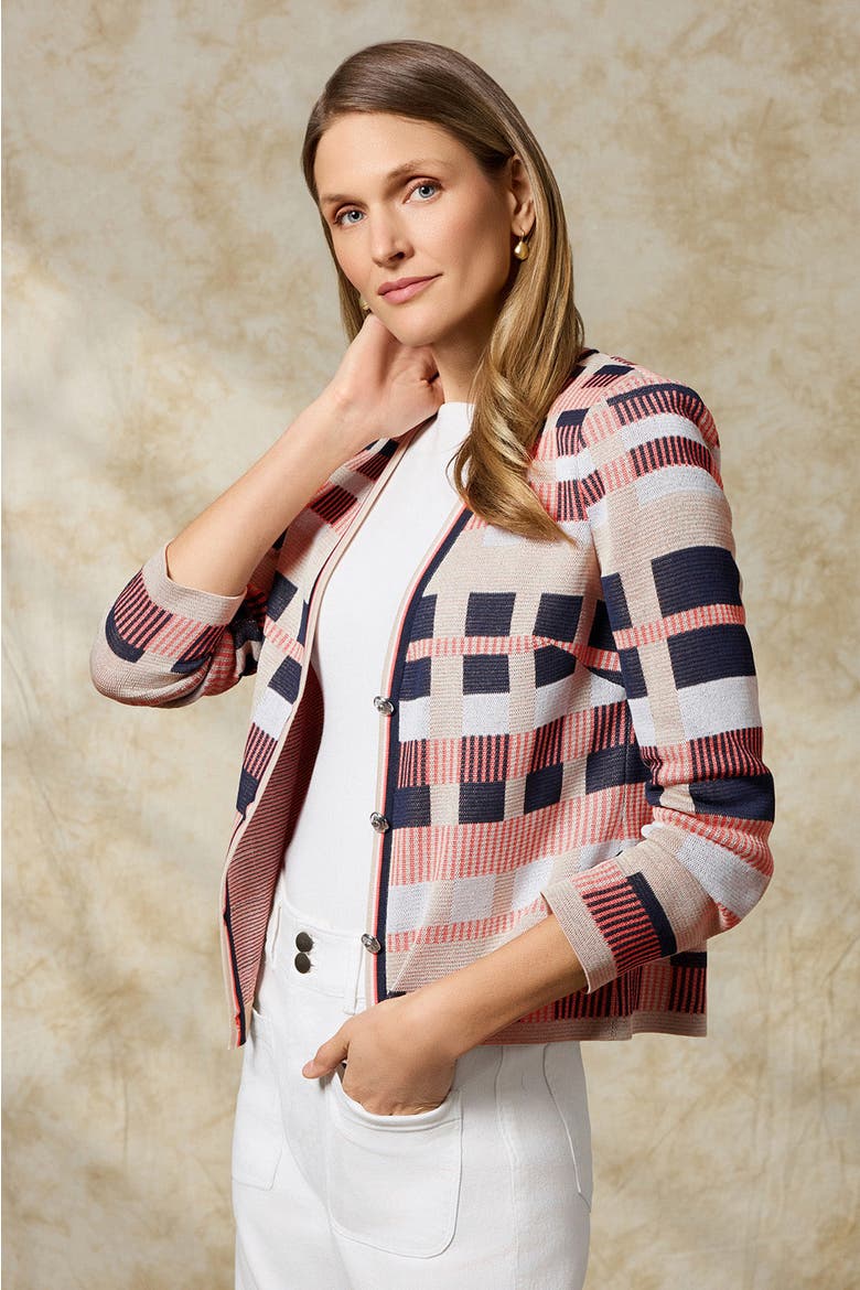 Heritage Jacquard Colorblock Knit Cardigan, Alternate, color, Sunkist Coral/Indigo/Tan