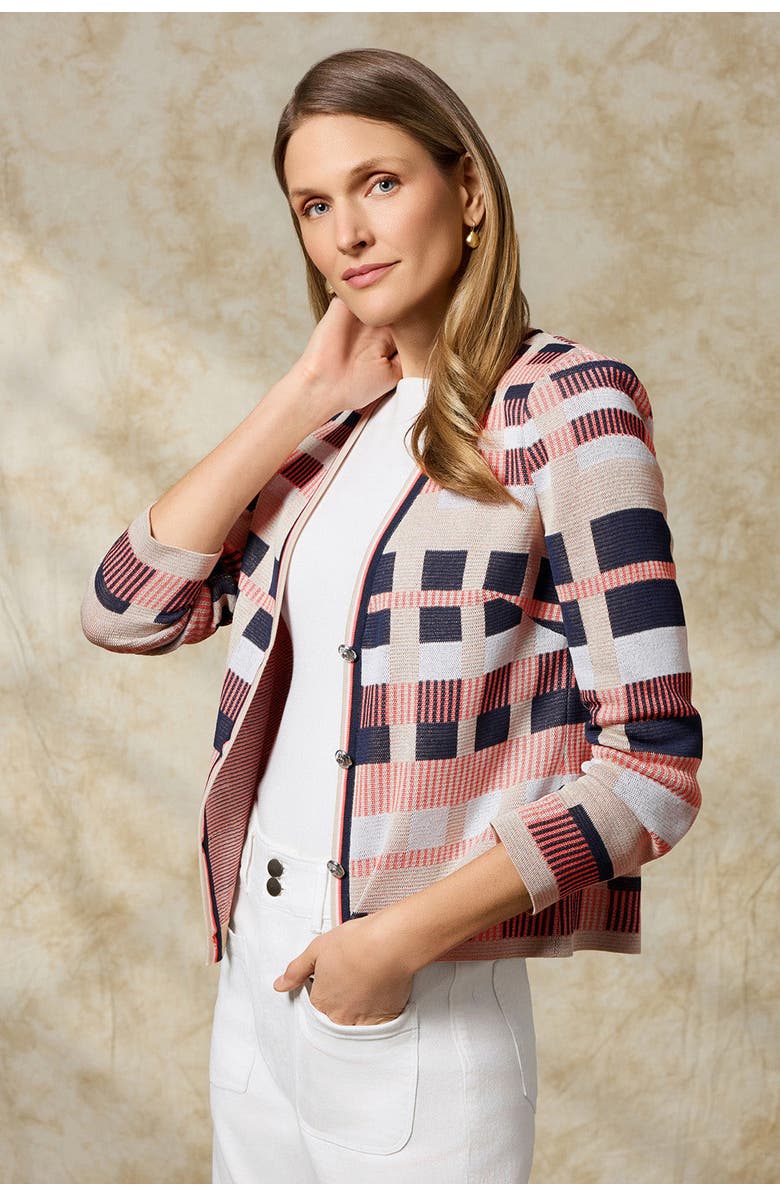 Ming Wang Heritage Jacquard Colorblock Knit Cardigan, Alternate, color, Sunkist Coral/Indigo/Tan