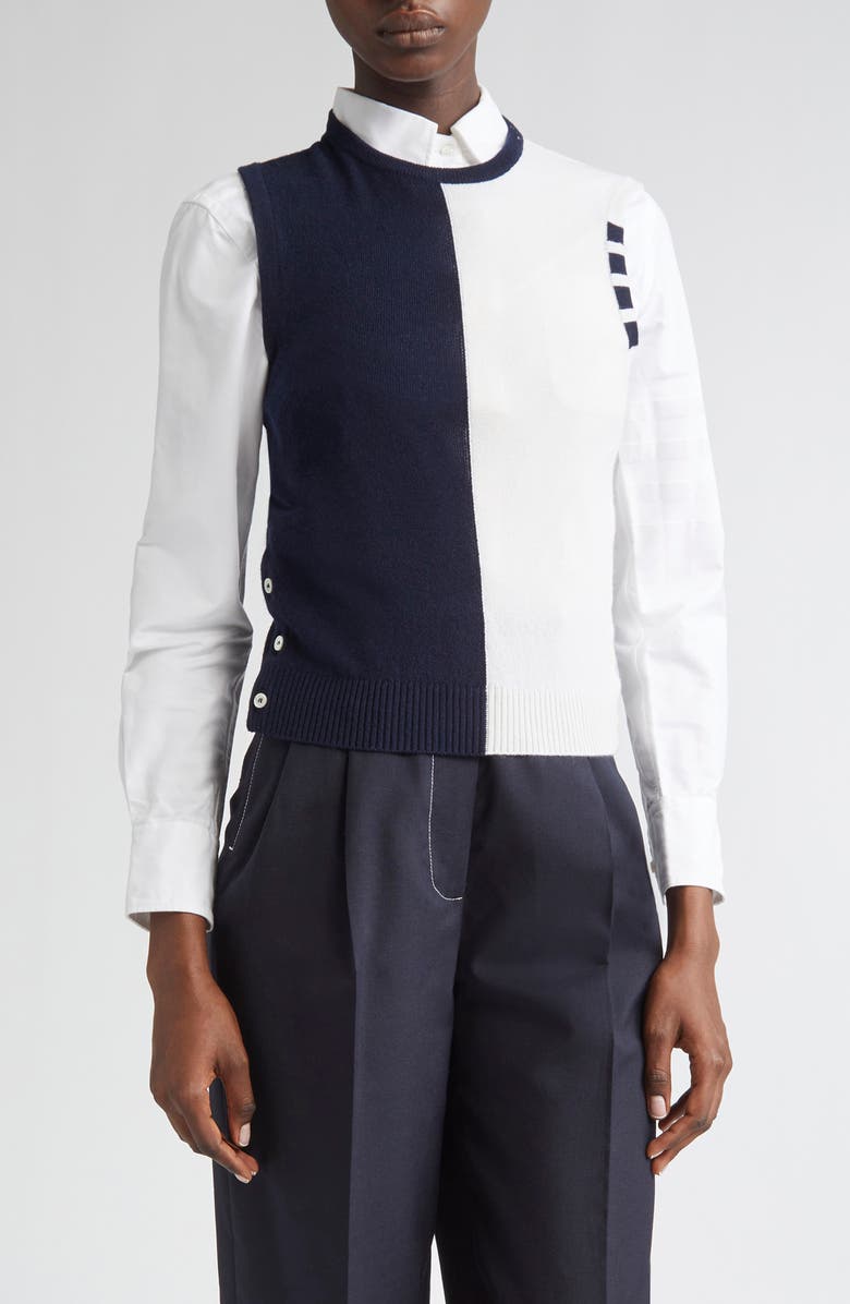 Thom Browne 4-Bar Crop Cashmere Sweater, Main, color, Navy/ White