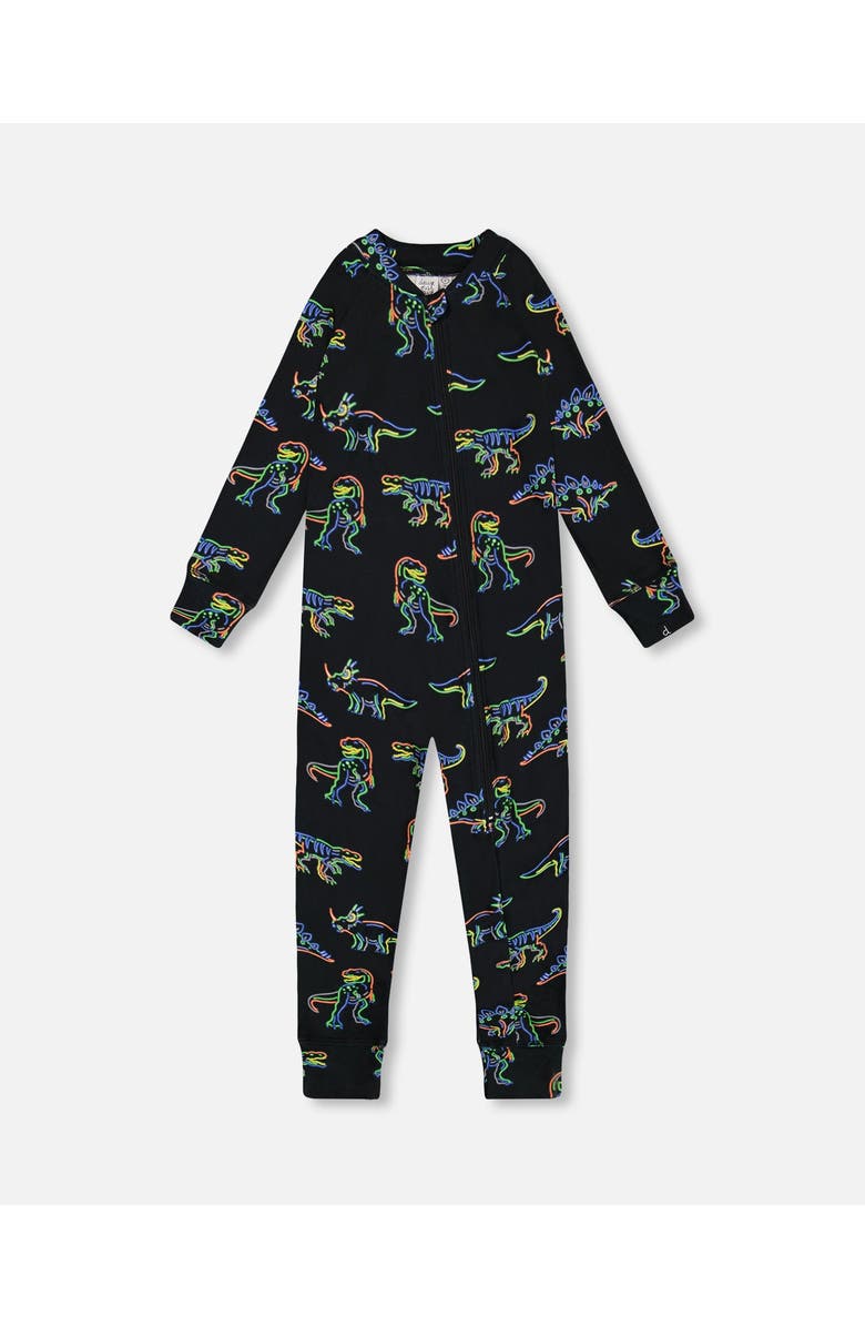 Deux par Deux Little Boy's One Piece Thermal Underwear Black Printed Neon Dino, Main, color,