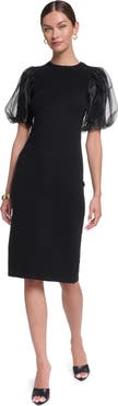HALSTON Long Sleeve Knit Puff Sleeve Midi Dress