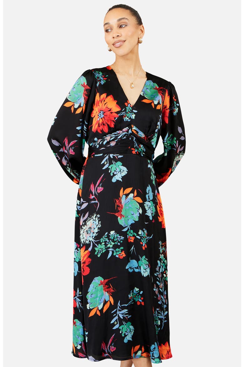 Long Sleeve Floral Midi Dress, Alternate, color, Black
