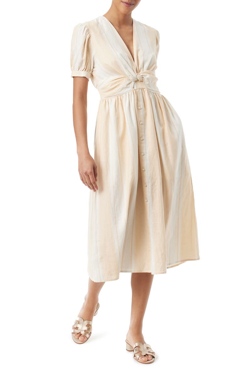 Christy Stripe Twist Front Linen Blend Midi Dress, Main, color, ARCTIC WOLF - AL FRESCO STRIPE