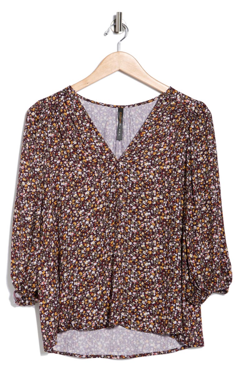 Renee C Floral V-Neck Balloon Sleeve Top, Alternate, color, Wine