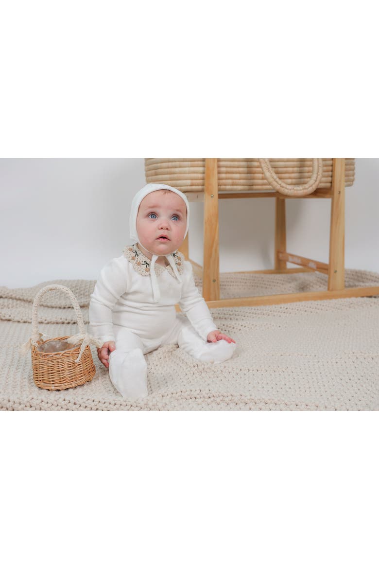 Velour Crochet Collar Snap Back Romper and Bonnet Set, Alternate, color, Off White