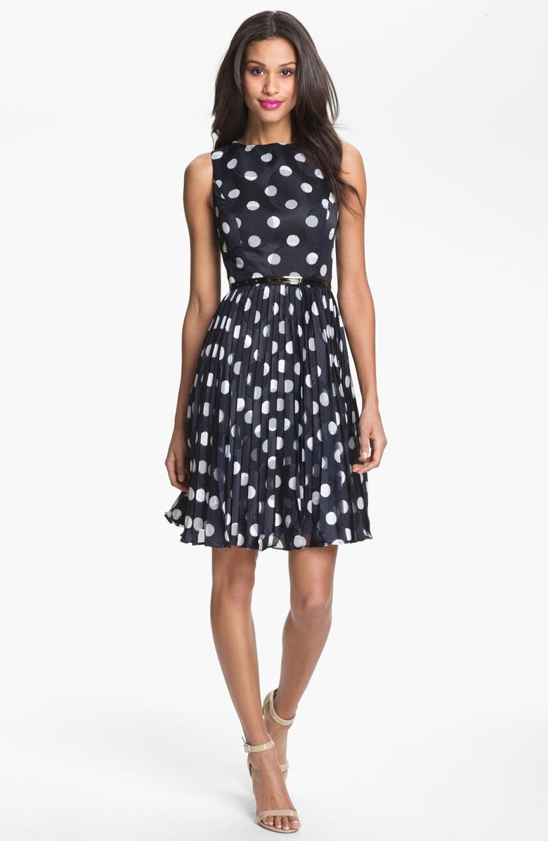 Adrianna Papell Burnout Polka Dot Fit & Flare Dress, Main, color, 