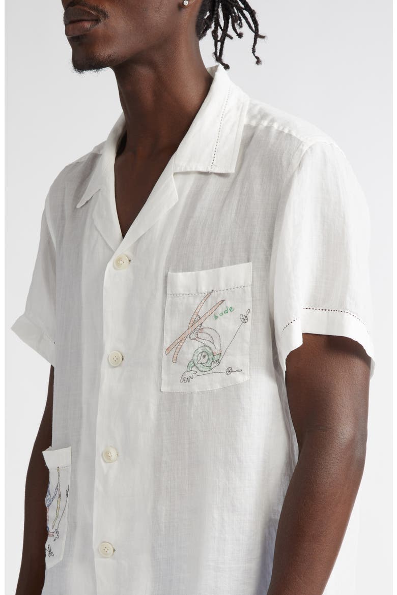 Skiers Embroidered Linen Camp Shirt, Alternate, color, WHITE MULTI