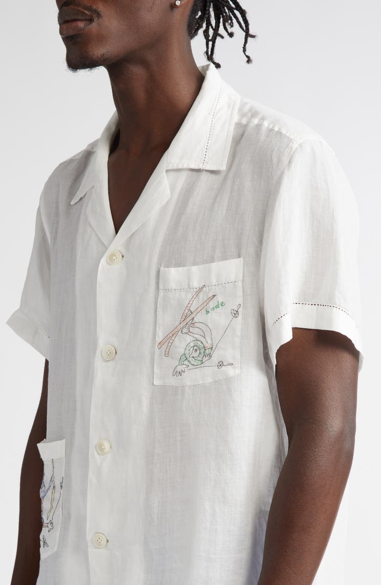 Bode Skiers Embroidered Linen Camp Shirt, Alternate, color, White Multi
