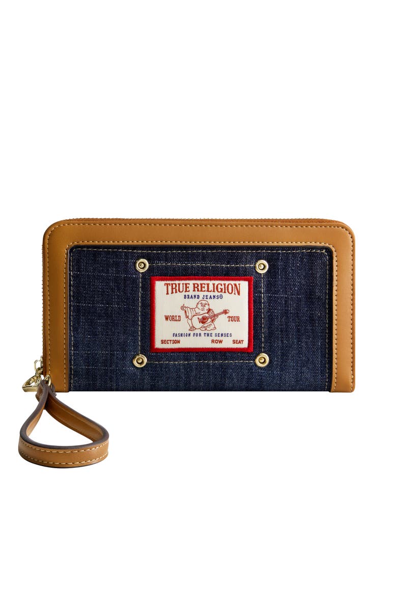 True Religion Buddha Patch Zip Around Wristlet, Main, color, Dark Denim