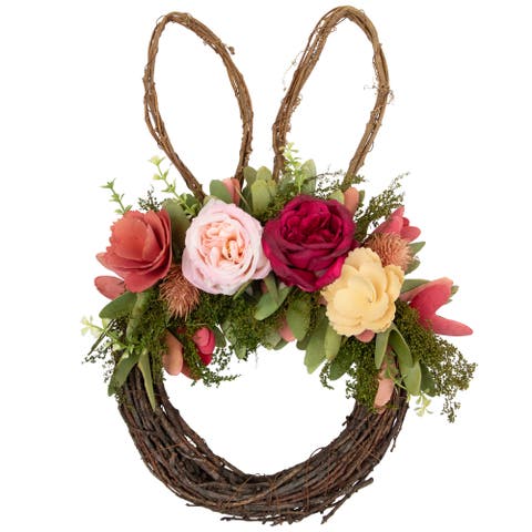 Wooden Floral Easter Bunny Ears Twig Wreath - 15"