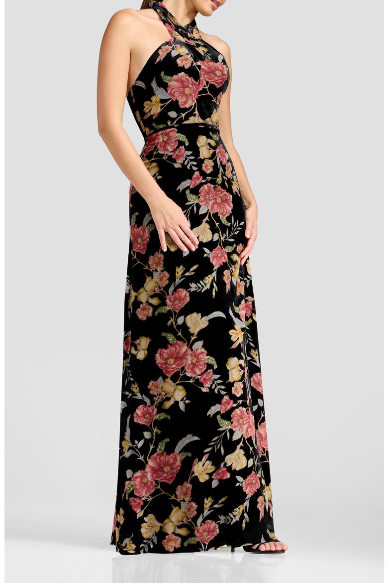 Brighton Floral Burnout Velvet Halter Gown, Alternate, color, BLACK MULTI