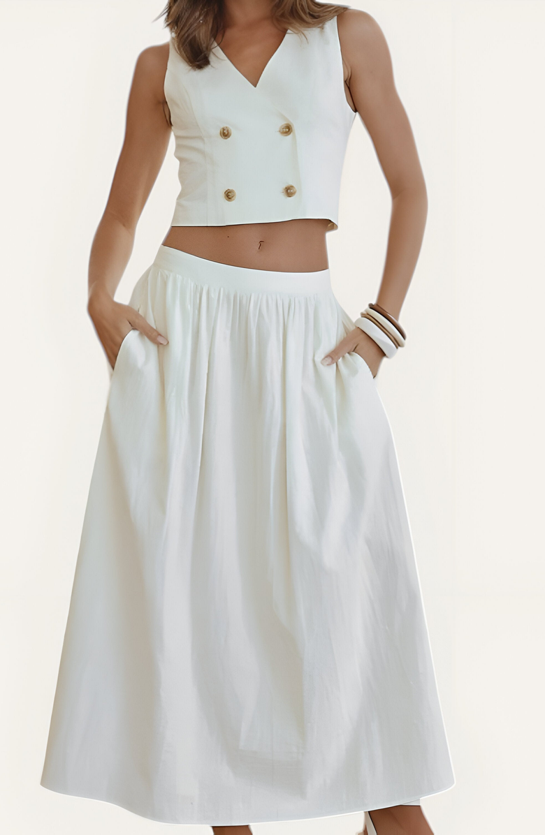 Modenaire Double-Breasted Vest and Maxi Skirt Set, Alternate, color, White