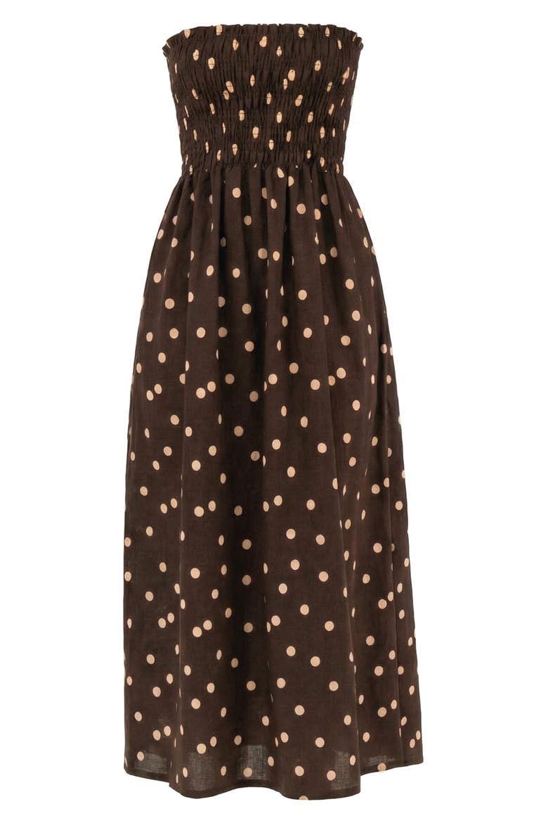 Drift Polka Dot Strapless Smocked Bodice Linen & Cotton Sundress, Alternate, color, POLKA DOT BROWN
