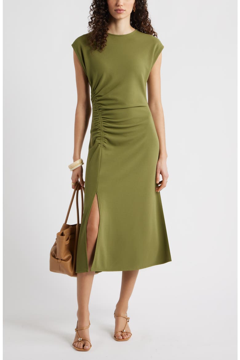 Side Ruched Knit Midi Dress, Alternate, color, OLIVE CAPULET