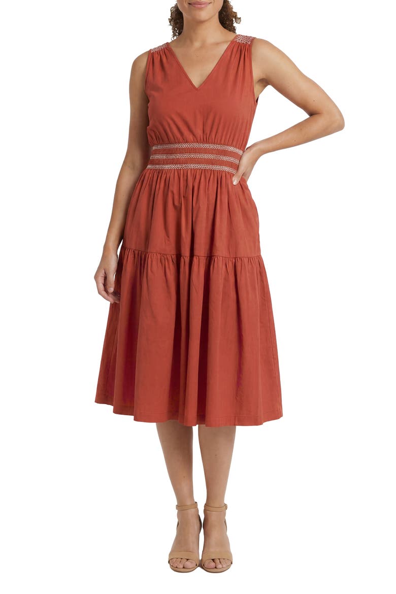Embroidered Smocked Sleeveless Stretch Cotton Fit & Flare Dress, Main, color, TANDOORI SPICE