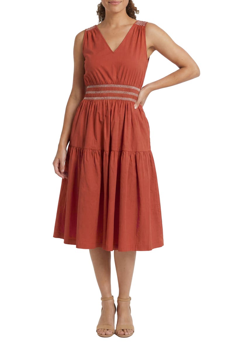 London Times Embroidered Smocked Sleeveless Stretch Cotton Fit & Flare Dress, Main, color, Tandoori Spice
