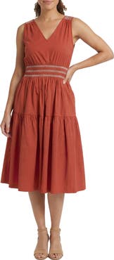 London Times Embroidered Smocked Sleeveless Stretch Cotton Fit & Flare Dress