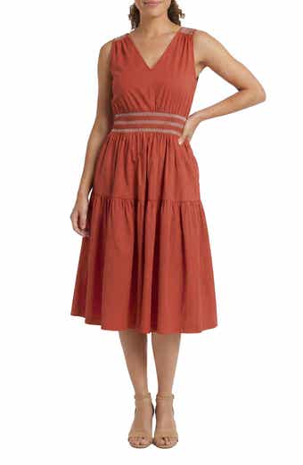 Embroidered Smocked Sleeveless Stretch Cotton Fit & Flare Dress