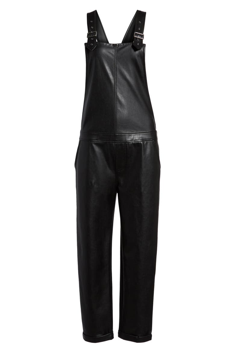 Faux Leather Overalls, Alternate, color, BLACK