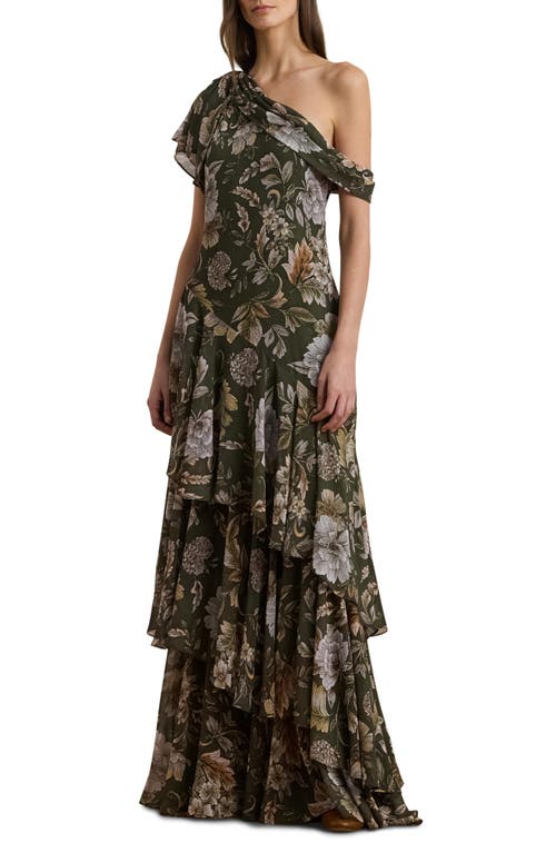Shop Ralph Lauren Lauren  Floral One-shoulder Georgette Gown In Olive Multi