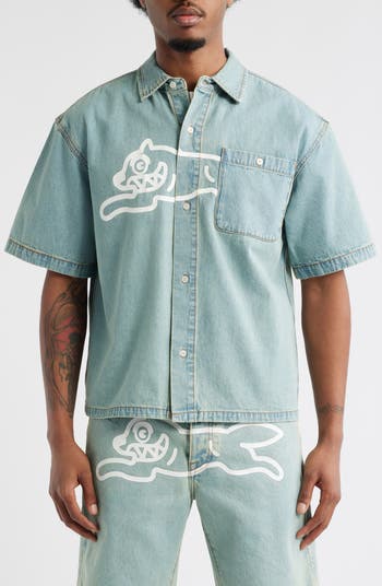 Running Dog Short Sleeve Denim Graphic Button-Up Shirt