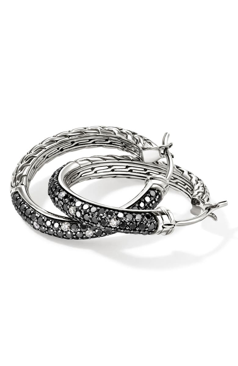 John Hardy JH Essentials Hoop Earrings, Sterling Silver, Black Sand Diamond Pavé, 22.5mm, Alternate, color, 