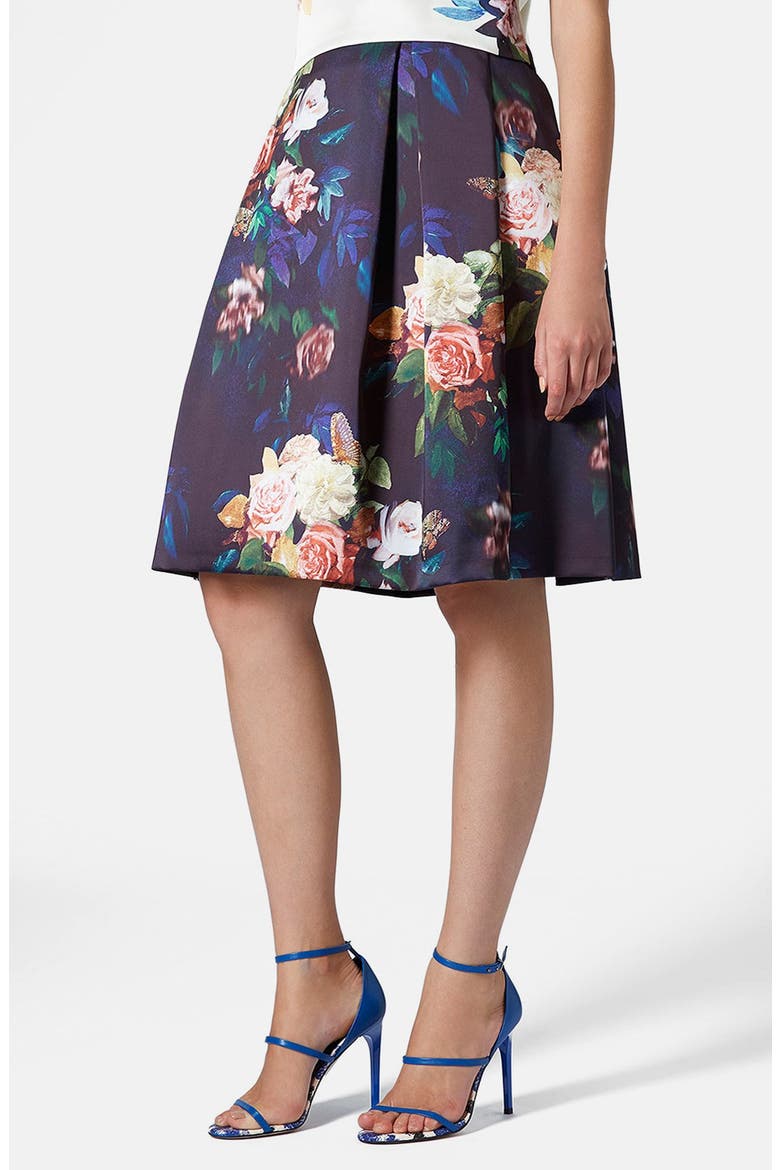 Blur Rose Print Midi Skirt, Main, color, NAVY BLUE
