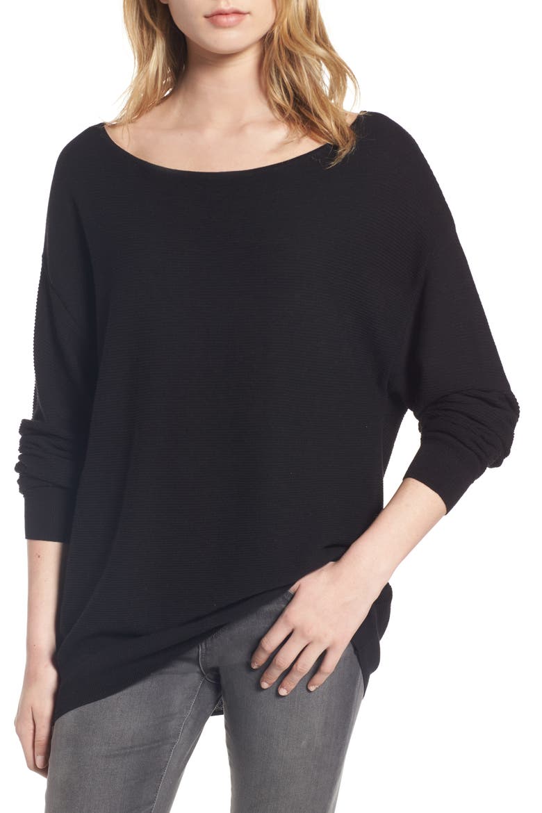 Boatneck Rib Knit Pullover, Main, color, BLACK
