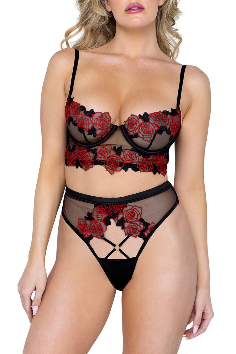 Rosa Bella Underwire Bra & Thong Set, Main, color, BLACK/ RED