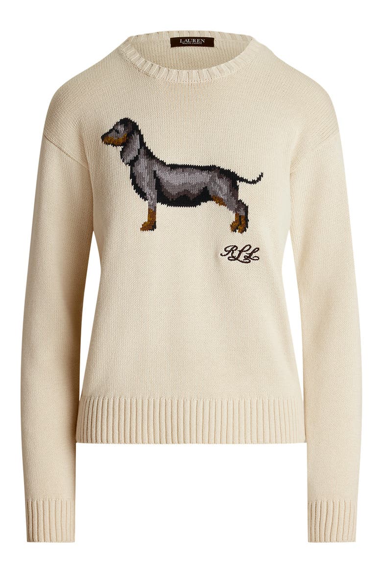 Intarsia Dachshund Cotton Sweater, Alternate, color, MASCARPONE CREAM