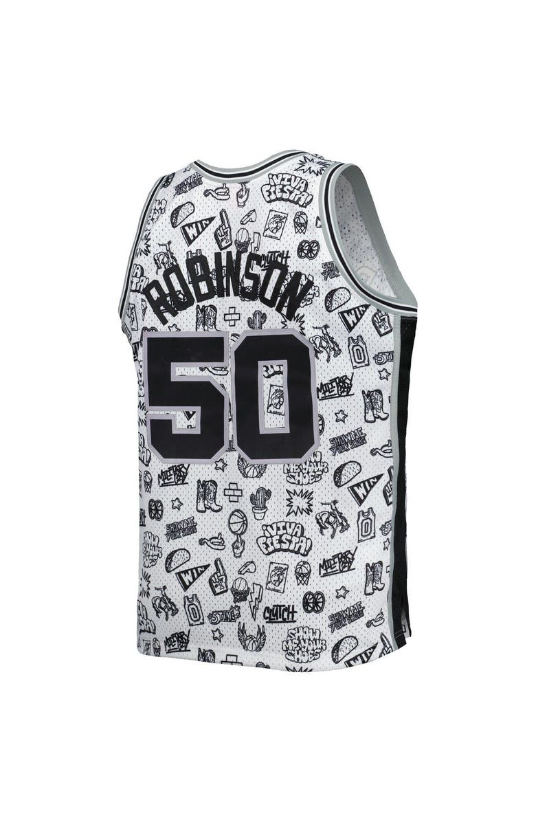 Mitchell & Ness Men's Mitchell & Ness David Robinson White San Antonio Spurs 1998/99 Hardwood Classics Doodle Swingman Player Jersey, Alternate, color, 
