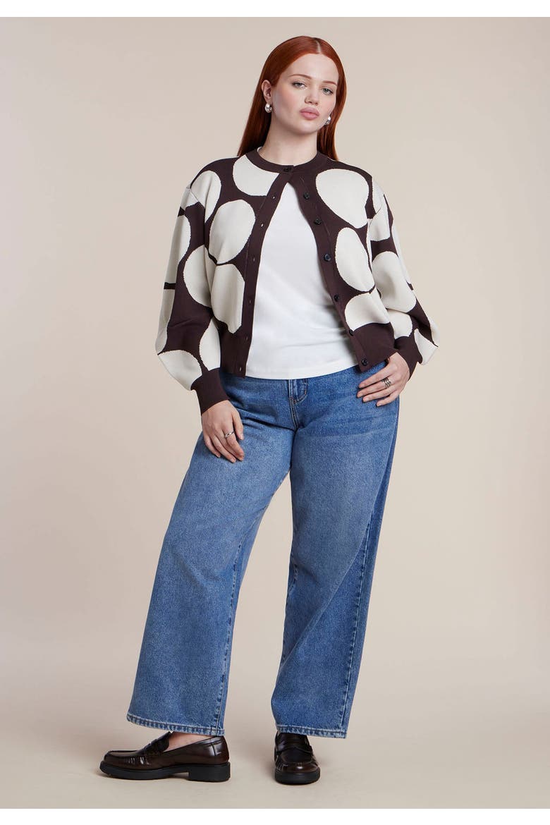 Intarsia Knit Puff Sleeve Cardigan, Alternate, color, DOTS ON CHOCOLATE