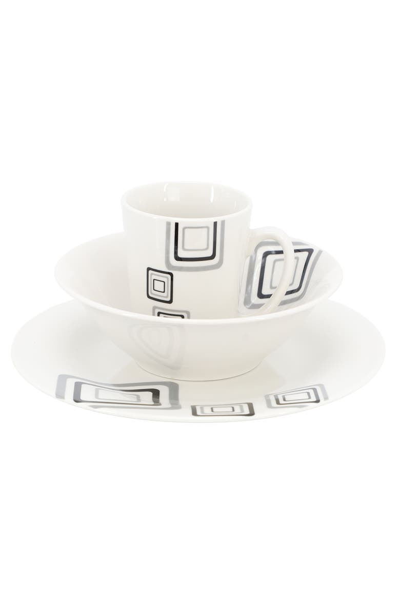 Black Squares 12 Piece Round Fine Ceramic Dinnerware Set, Alternate, color, White