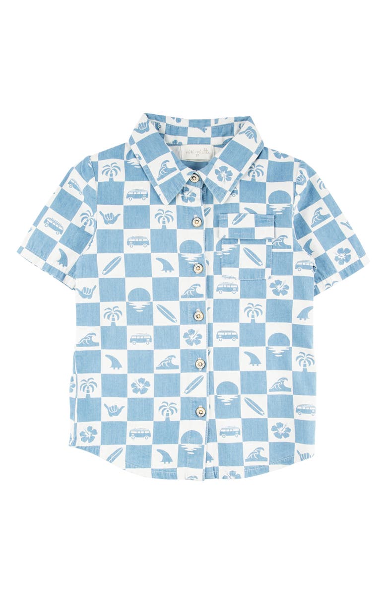 Miki Miette Kids' Jerry Surf Check Short Sleeve Cotton Button-Up Shirt, Main, color, 