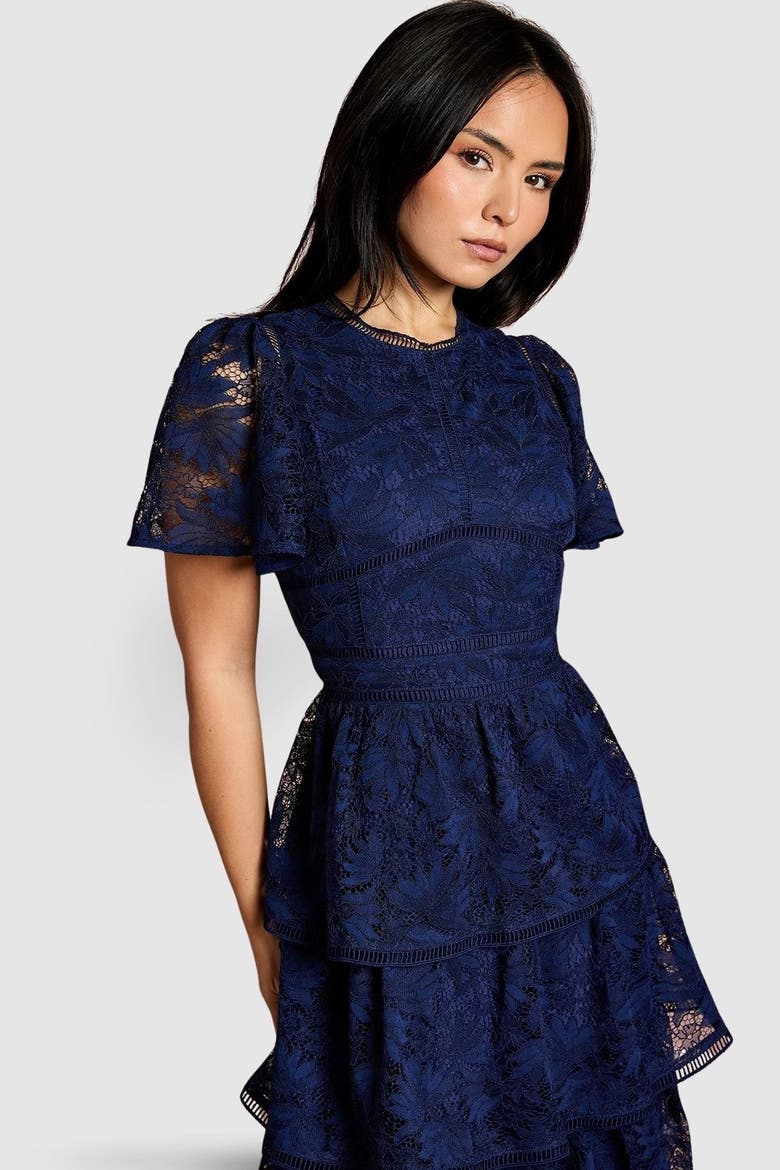 Petite Tiered Lace Dress, Alternate, color, Navy