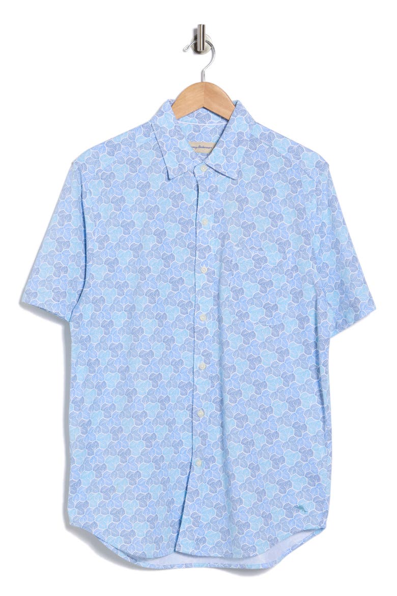 Honeycomb Geo Print Short Sleeve Button-Up Shirt, Alternate, color, KINGFISH