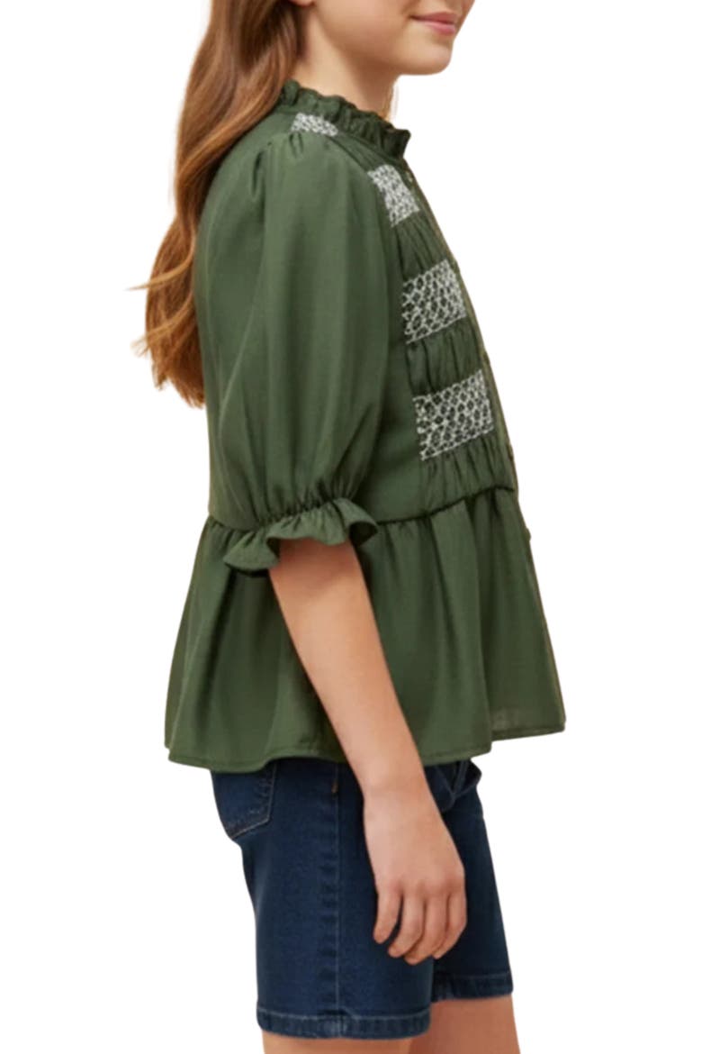Kids' Ruffle Embroidered Button-Up Shirt, Alternate, color, OLIVE
