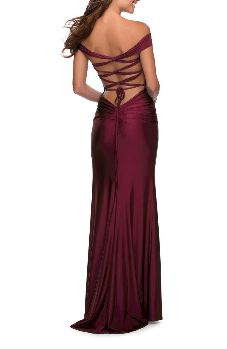 La Femme Off the Shoulder Dress with Tie Back and Slit, Alternate, color, Dark Berry