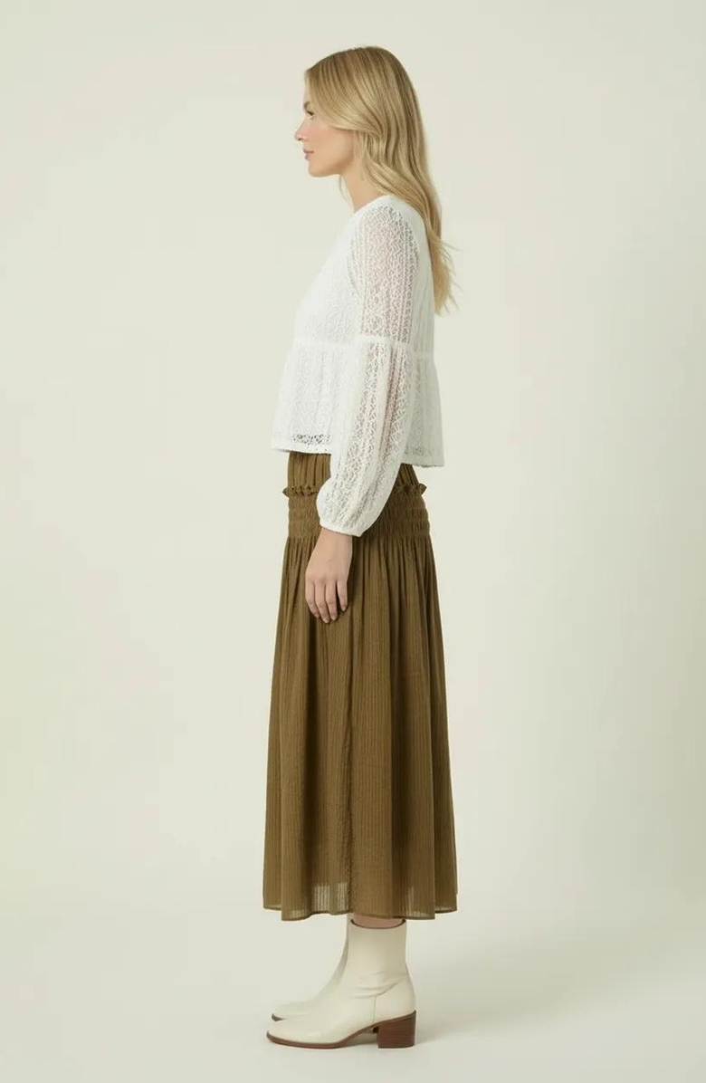 Modenaire Smocked Tiered Ruffle-Trim Flowy Maxi Skirt, Alternate, color, Olive Green