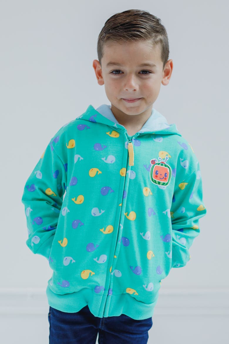 Boys' Fleece Zip-Up Hoodie, Alternate, color, Teal Whale Print