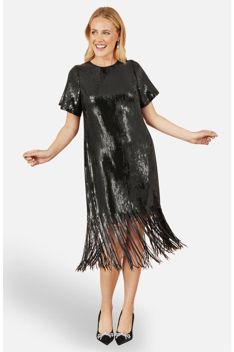 Sequin Tassels Hem Midi Tunic Dress, Main, color, Black