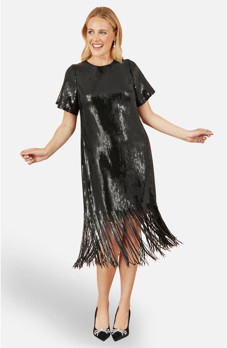 Yumi Sequin Tassels Hem Midi Tunic Dress, Main, color, Black