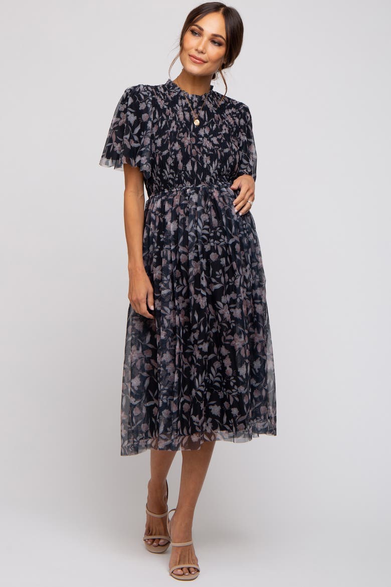 Floral Smocked Mesh Knit Midi Dress, Alternate, color, Black