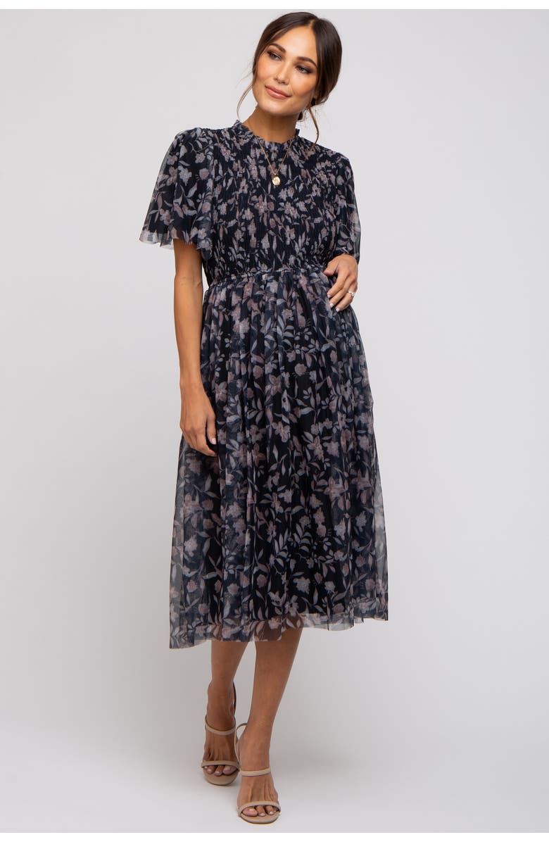 PinkBlush Floral Smocked Mesh Knit Midi Dress, Alternate, color, Black