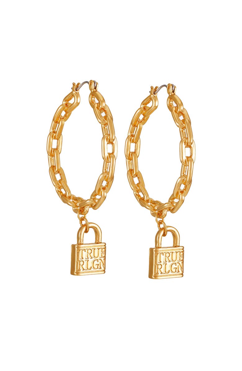 True Religion Gold Chain Hoop Earrings with Padlock Charm, Main, color, Goldtone