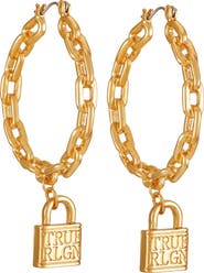 True Religion Gold Chain Hoop Earrings with Padlock Charm