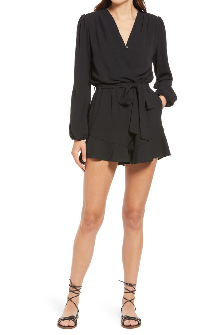 Flaired Tie Waist Long Sleeve Romper, Main, color, BLACK